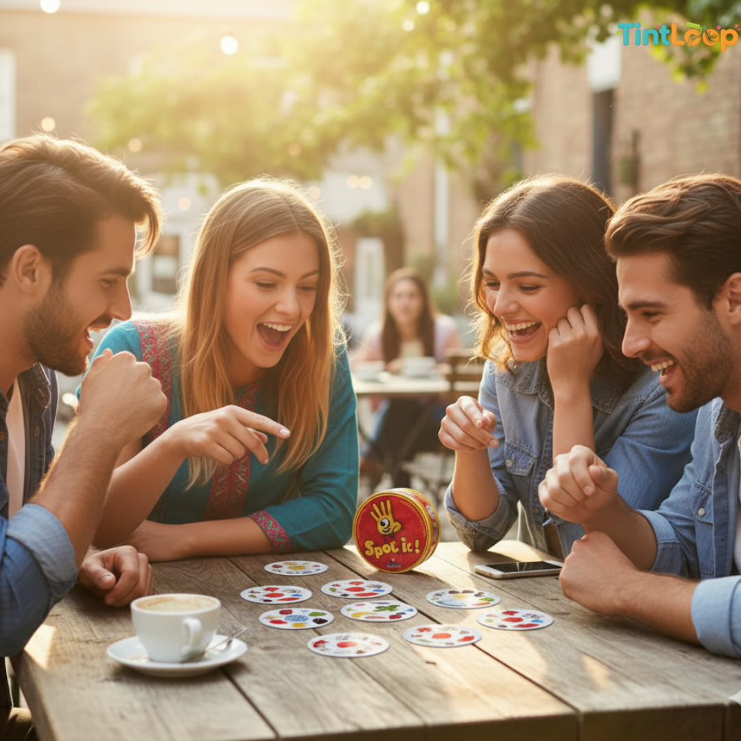 Four people laughing and playing a card game around a wooden table in an outdoor cafe setting. A round red tin labeled 'Spot it!' sits on the table next to a cup of coffee.
