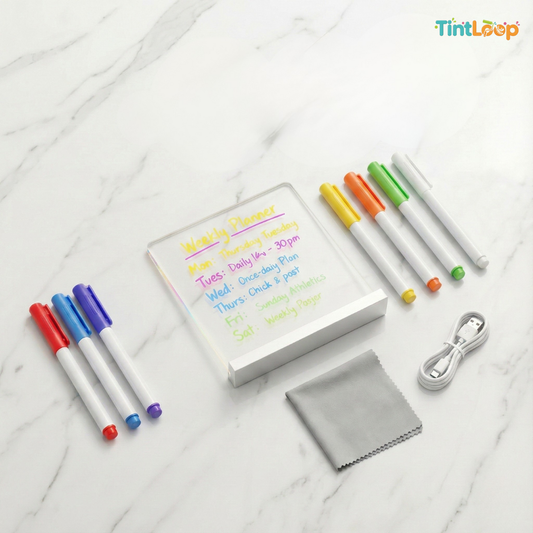 LED Acrylic Board with Stand & Neon Markers | 3D Light-Up Rewritable Message Board (15×15 cm)