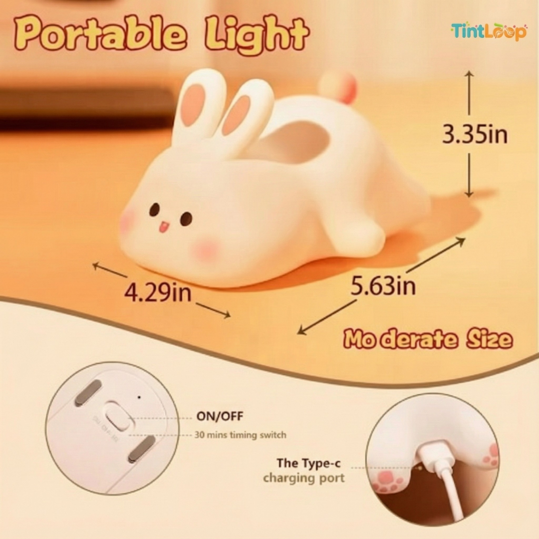 Big Face Bunny LED Night Light | Soft Silicone & Tap Control