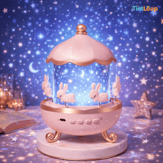 Bunny Carousel 2-in-1 Projector Night Light – 360° Rotating Lamp, Multicolor LED for Aesthetic Room Decor & Gifting