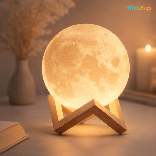 Moon-shaped lamp on a wooden stand with a warm glow, placed on a surface with a blurred background.