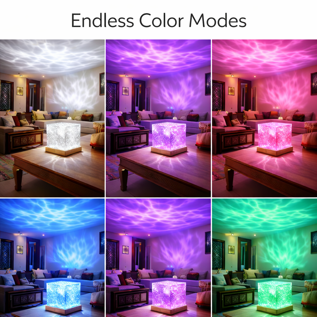Collage of a room with a colorful cube light projector displaying various colors.
