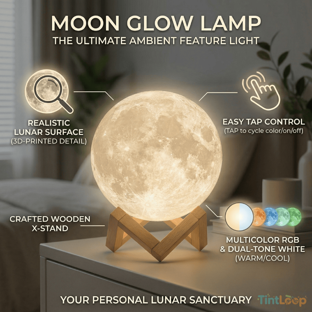 Moon glow lamp with features highlighted on a blurred background