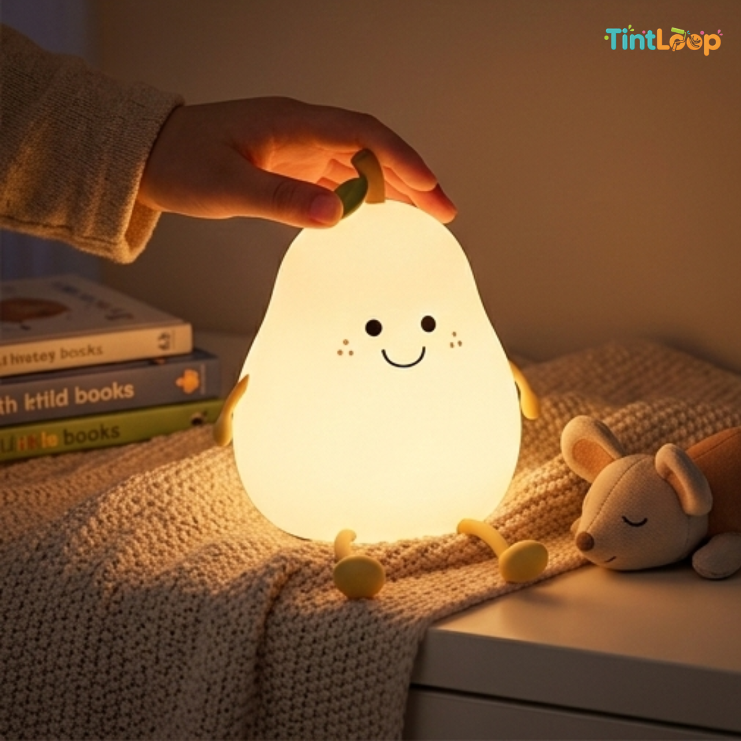 Cute Pear Rechargeable LED Silicone Night Light – Tap Control | 7 Colour Modes | Bedside & Home Décor Light