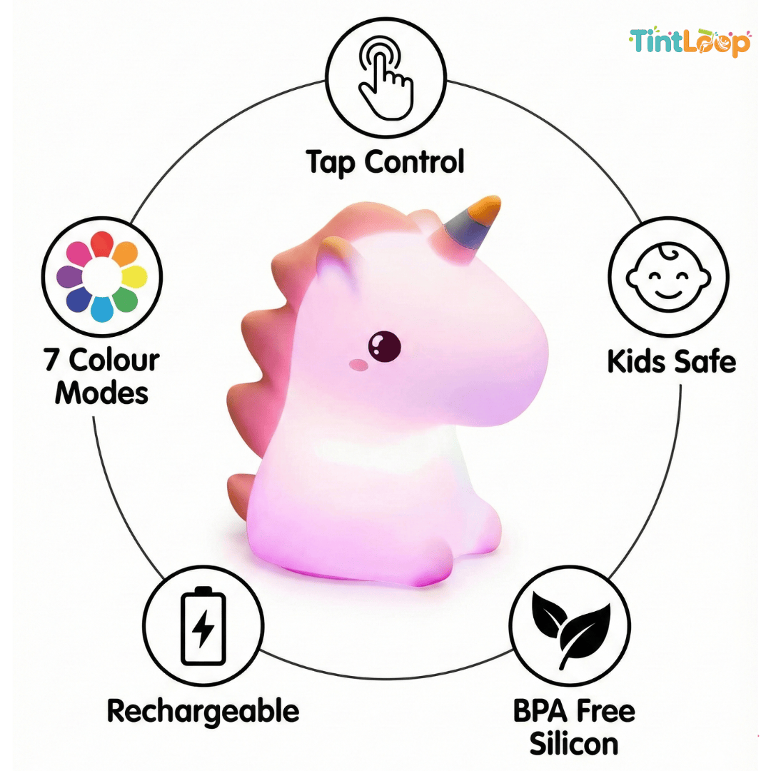 Unicorn Silicone Rechargeable LED Night Light – Tap Control | 7 Color Modes | Soft Lamp