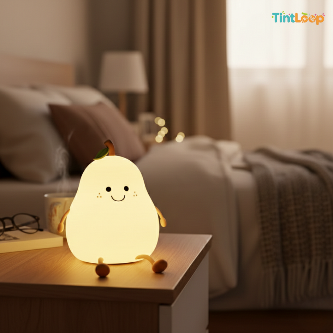 Cute Pear Rechargeable LED Silicone Night Light – Tap Control | 7 Colour Modes | Bedside & Home Décor Light