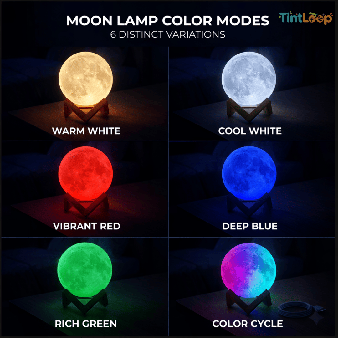 Moon lamp with six color modes displayed on a dark background