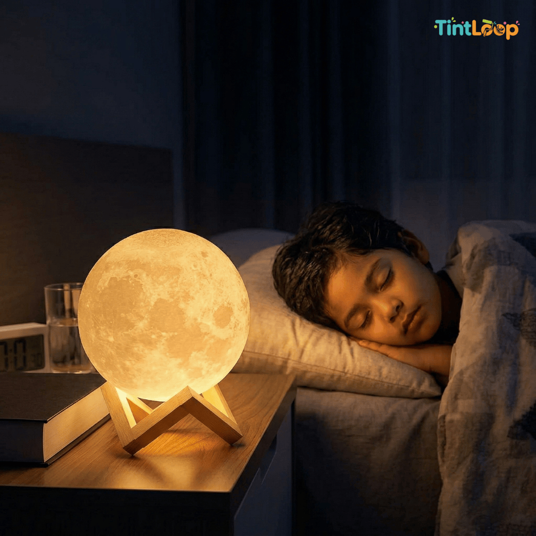 Person sleeping with a moon-shaped lamp on a bedside table