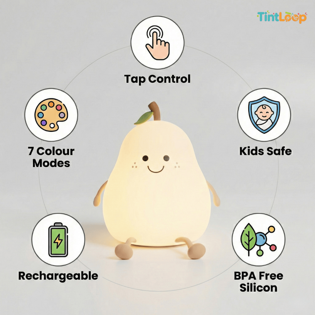 Cute Pear Rechargeable LED Silicone Night Light – Tap Control | 7 Colour Modes | Bedside & Home Décor Light