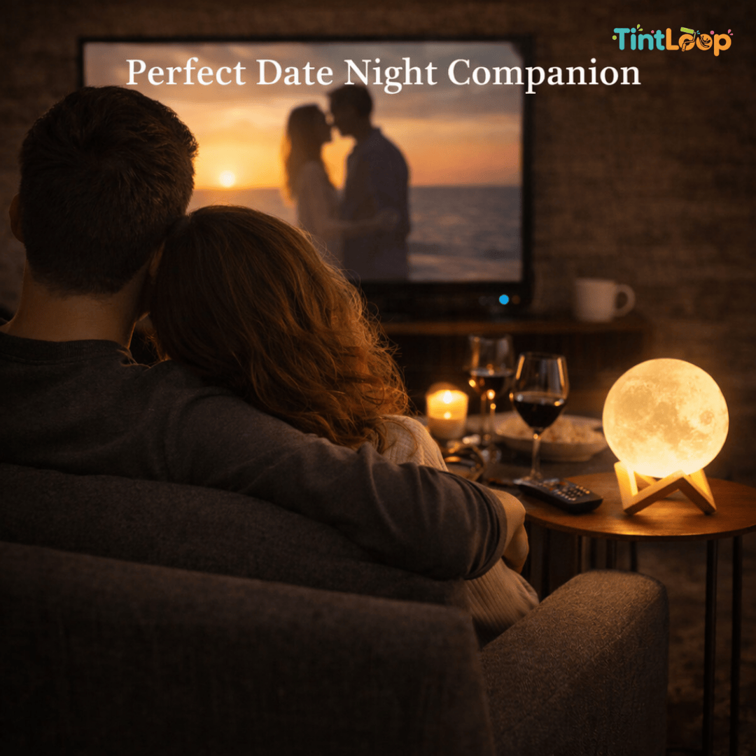 Couple watching a romantic movie on TV with a moon lamp and candles in the background, labeled 'Perfect Date Night Companion' by TintLoop.