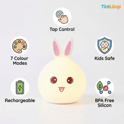 Rabbit Silicone LED Rechargeable Night Light – Tap Control | 7 Color Modes | Cute Bedside & Home Décor Light