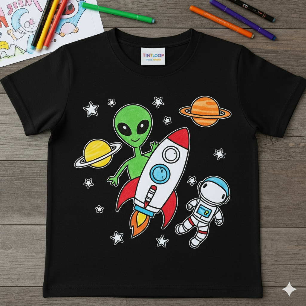 DIY Kids Coloring T-Shirt Kit with Washable Markers | Space Adventure Theme