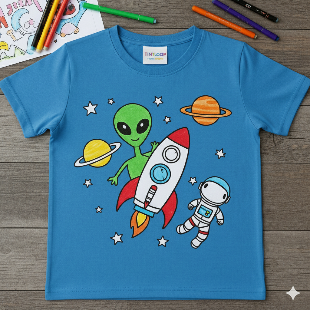 DIY Kids Coloring T-Shirt Kit with Washable Markers | Space Adventure Theme
