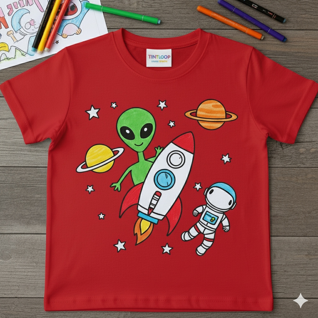 DIY Kids Coloring T-Shirt Kit with Washable Markers | Space Adventure Theme