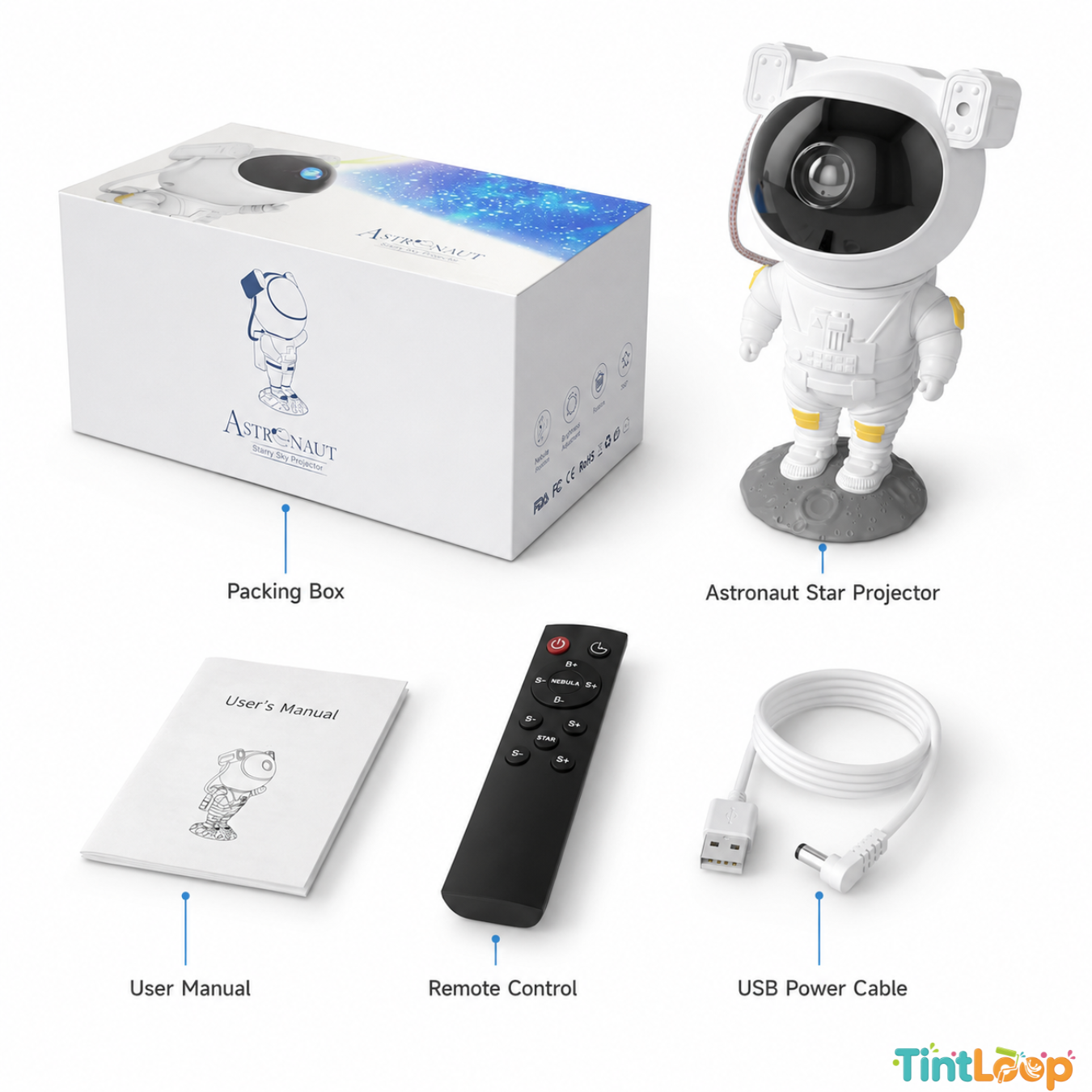 A TintLoop astronaut star projector kit shown with its white packaging box, remote control, user manual, USB power cable, and the white astronaut projector on a gray stand against a clean white background.