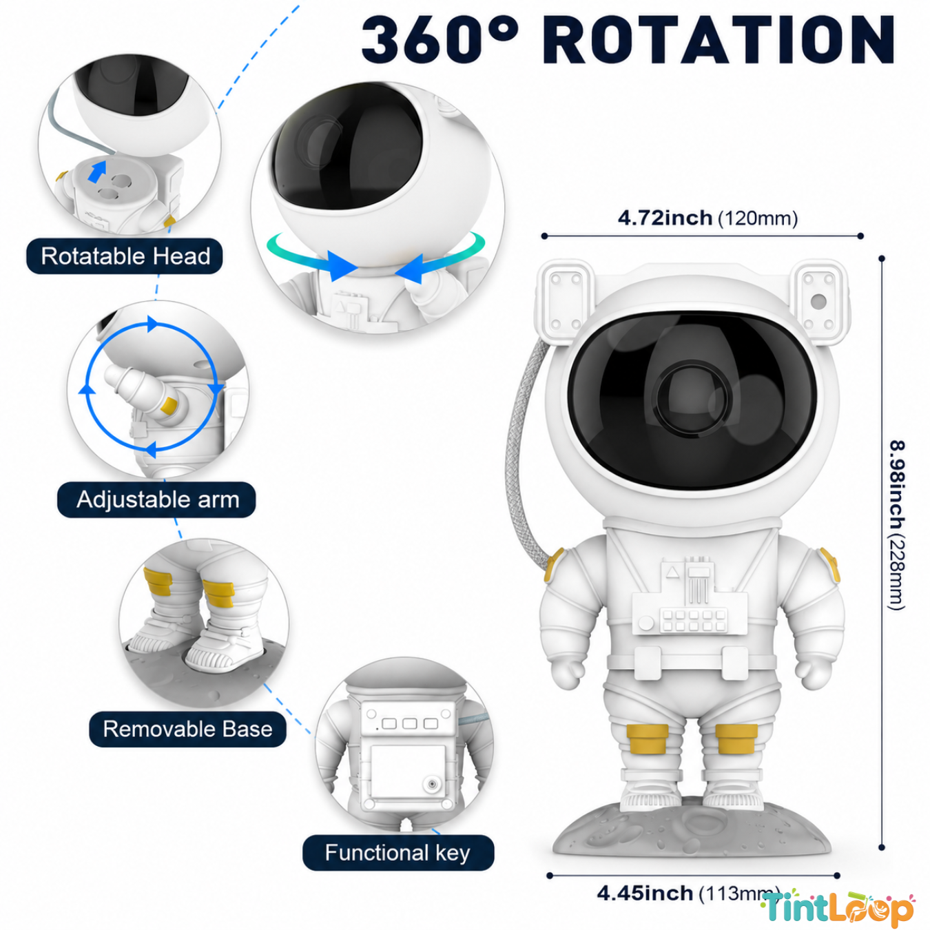 A white astronaut-shaped toy with measurement callouts and feature callouts on a white background. The image includes a large toy figure on the right with dimensions labeled 4.