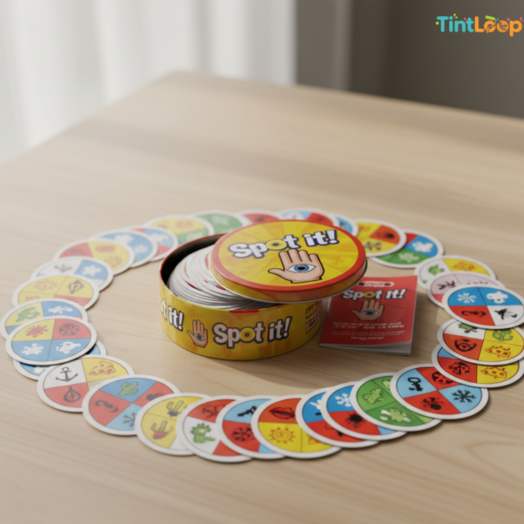 The 'Spot it!' card game set by TintLoop, featuring a yellow tin of circular cards arranged in a circle on a light wood tabletop. The colorful cards display various symbols, and a small red box of cards sits next to the tin.