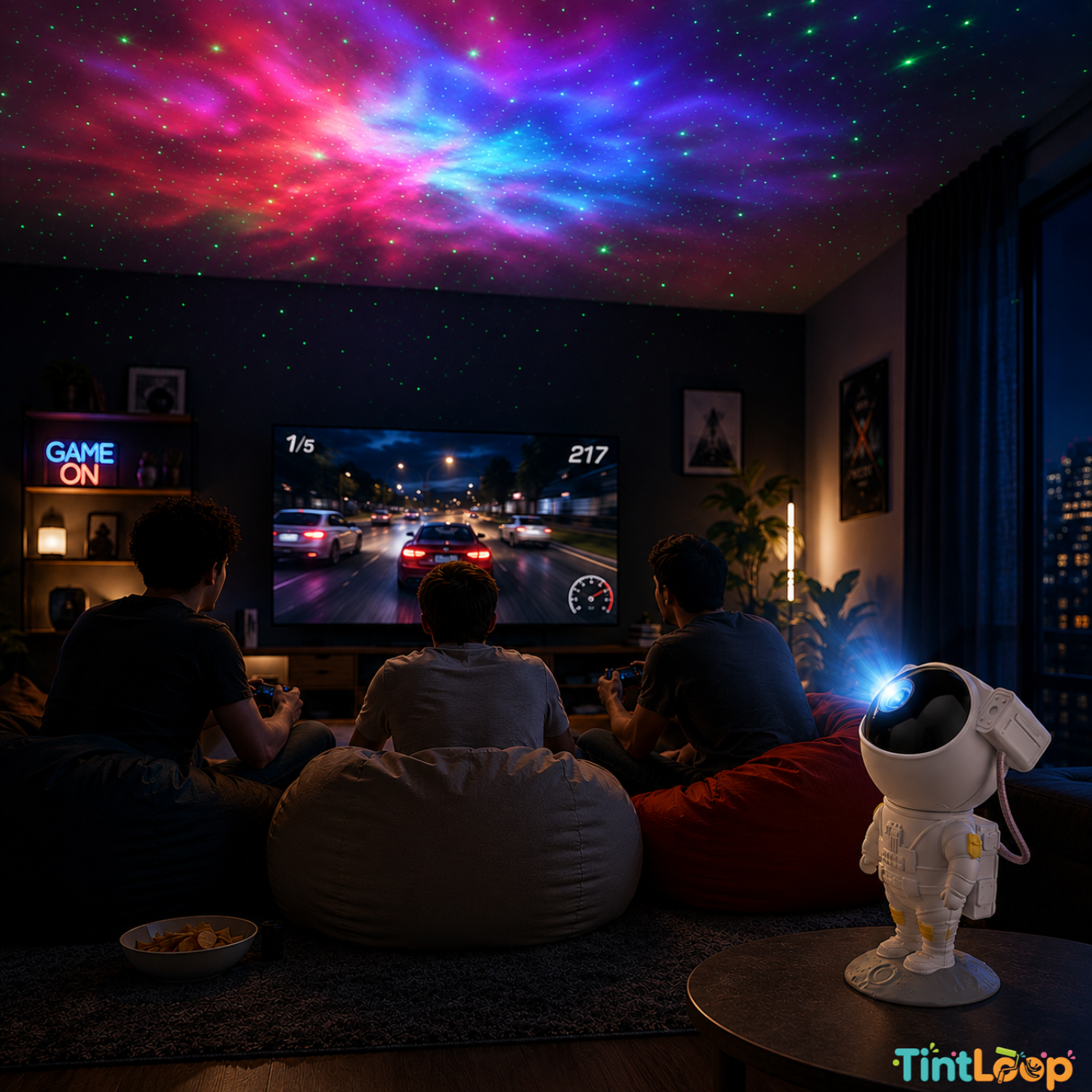 A TintLoop galaxy projector set up in a dark living room, casting a vibrant multicolor starry sky onto the ceiling while people relax in bean bags watching a movie on the TV. A small astronaut-shaped light projector sits on a table in the foreground.
