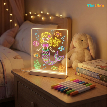LED Acrylic Board with Stand & Neon Markers | 3D Light-Up Rewritable Message Board (15×15 cm)