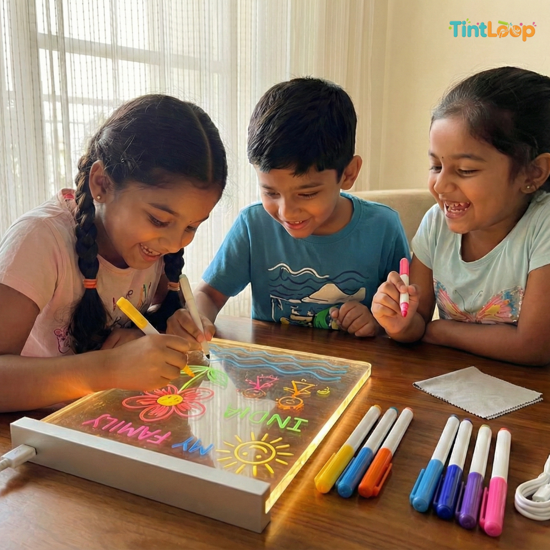 LED Acrylic Board with Stand & Neon Markers | 3D Light-Up Rewritable Message Board (15×15 cm)