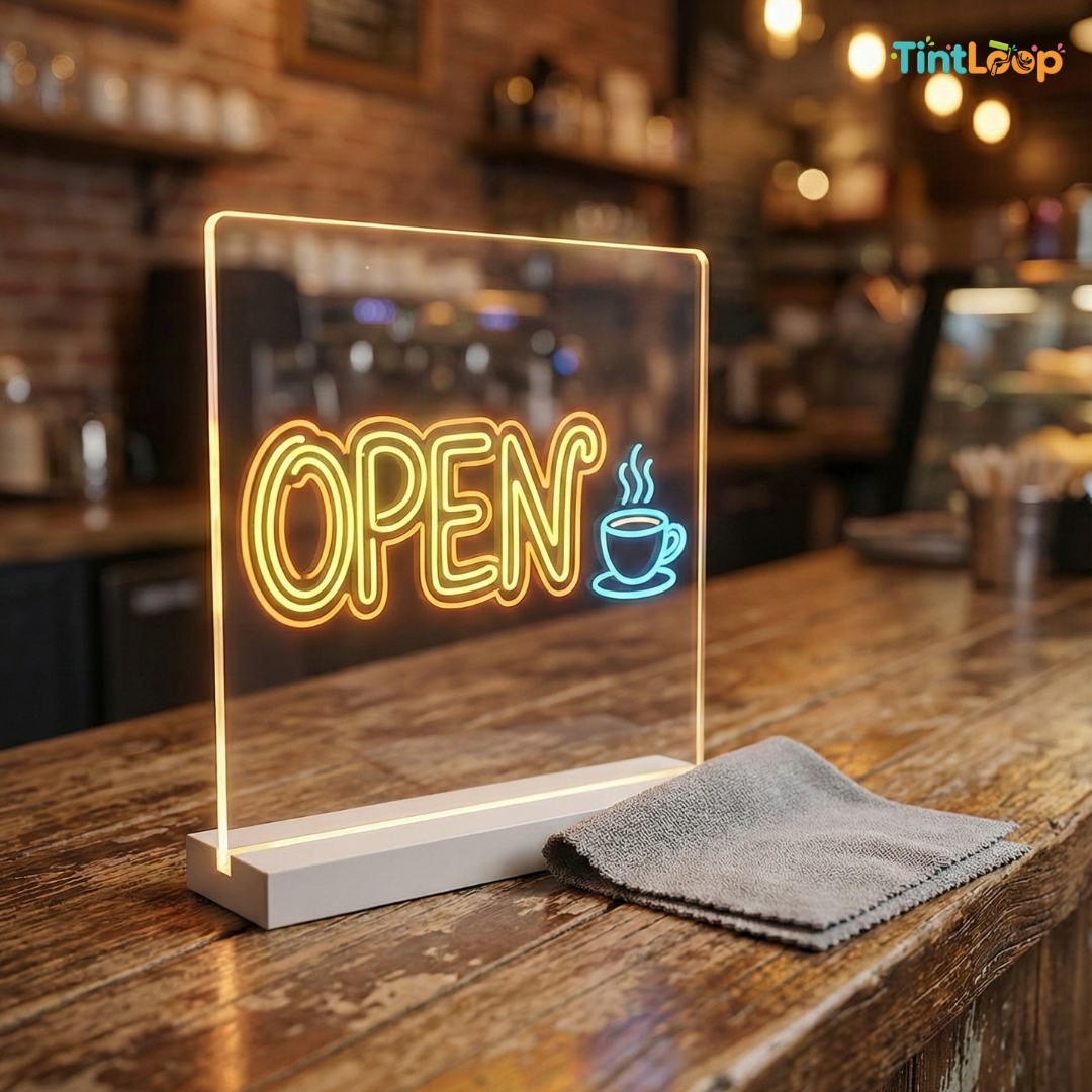 LED Acrylic Board with Stand & Neon Markers | 3D Light-Up Rewritable Message Board (15×15 cm)