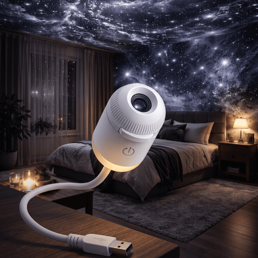 USB galaxy star projector creating starry sky effects in a cosy bedroom.