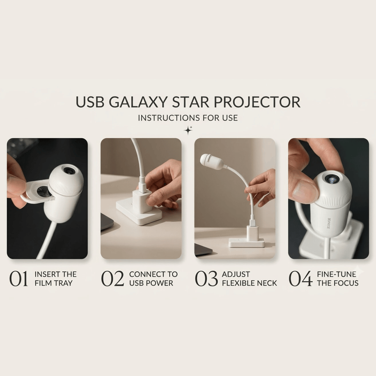 Step-by-step guide showing how to insert the star chart slide, connect the USB power cable, adjust the flexible neck, and fine-tune the projector focus.