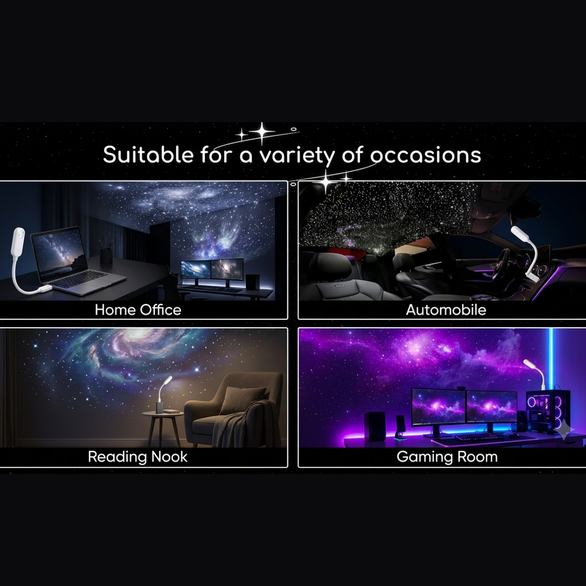 USB galaxy star projector creating starry sky effects in a home office, automobile, reading nook, and gaming room.