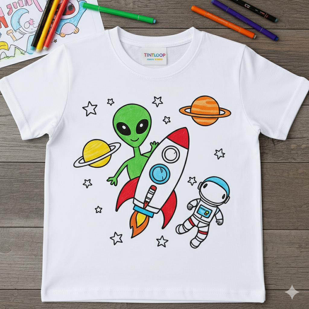 DIY Kids Coloring T-Shirt Kit with Washable Markers | Space Adventure Theme