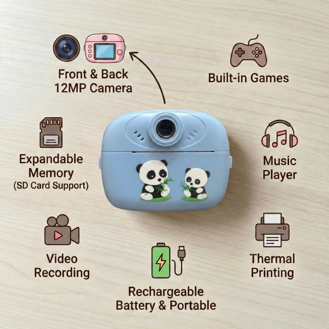 Blue instant print camera with panda designs on a beige background, featuring various functions like camera, games, music player, and more.
