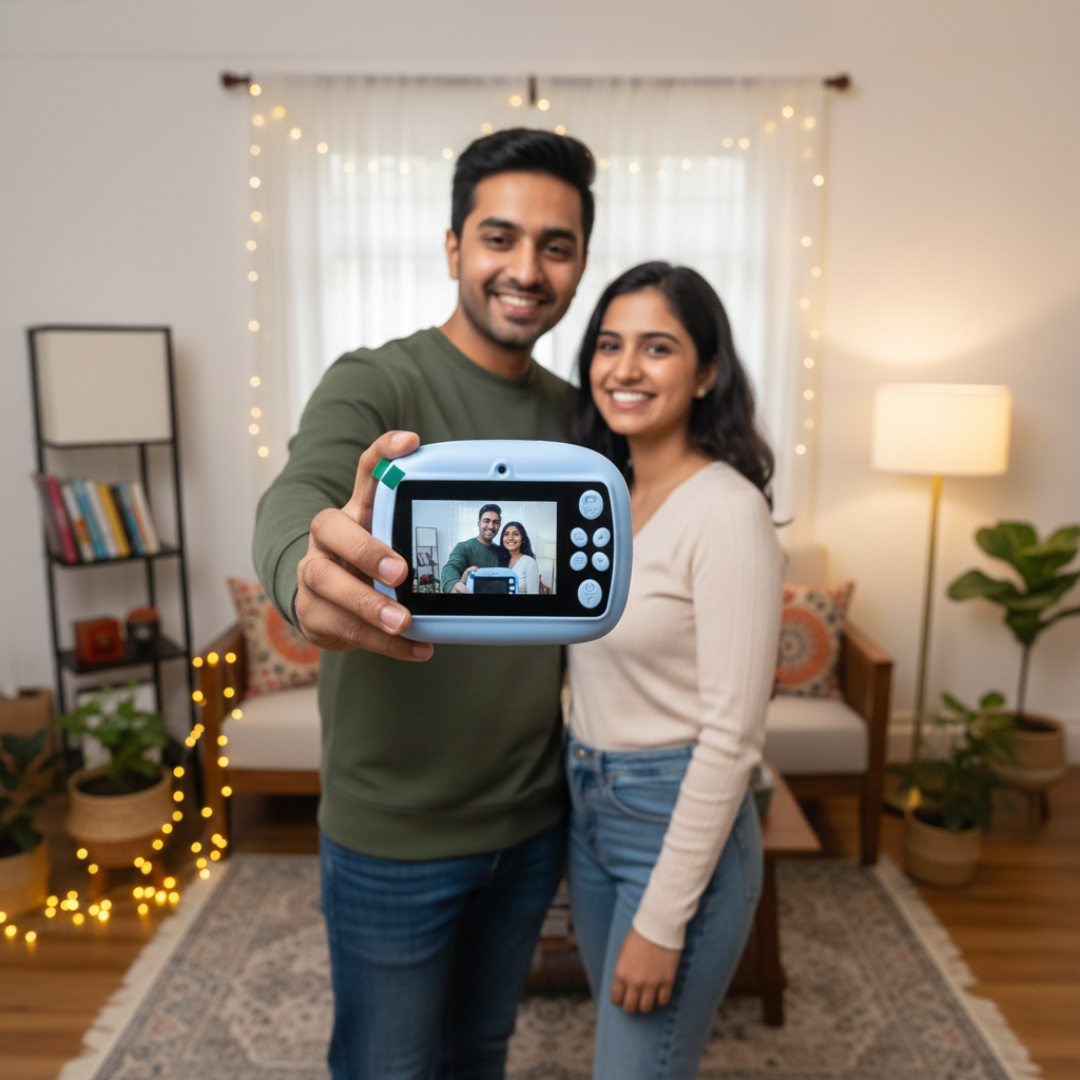 Man and woman clicking photo using the TintLoop instant print blue camera