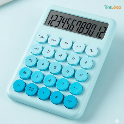 Aesthetic Cute Pastel Blue Desk Calculator with Retro Round Keys