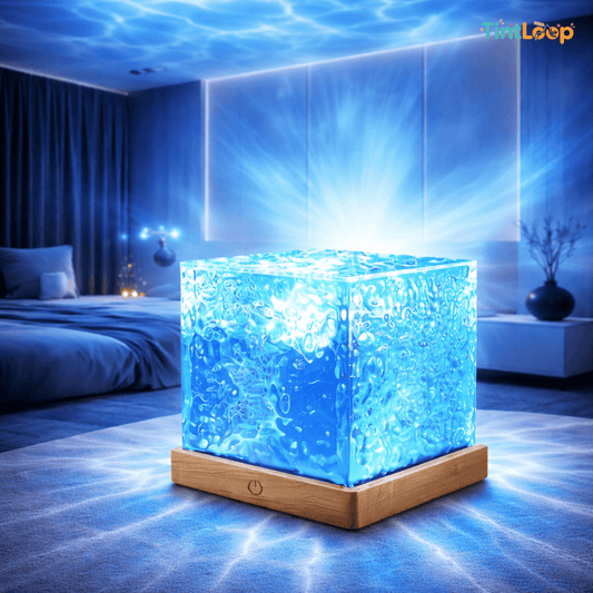 TintLoop Blue glowing cube lamp with water ripple effect in a bedroom setting.