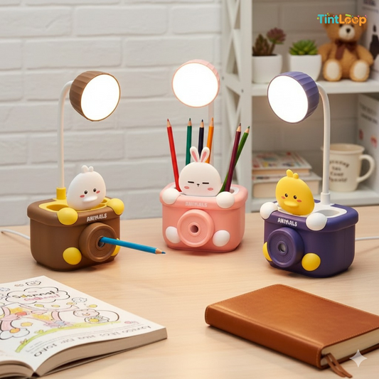 Camera LED Desk Lamp with Bobblehead, Sharpener & Pen Holder