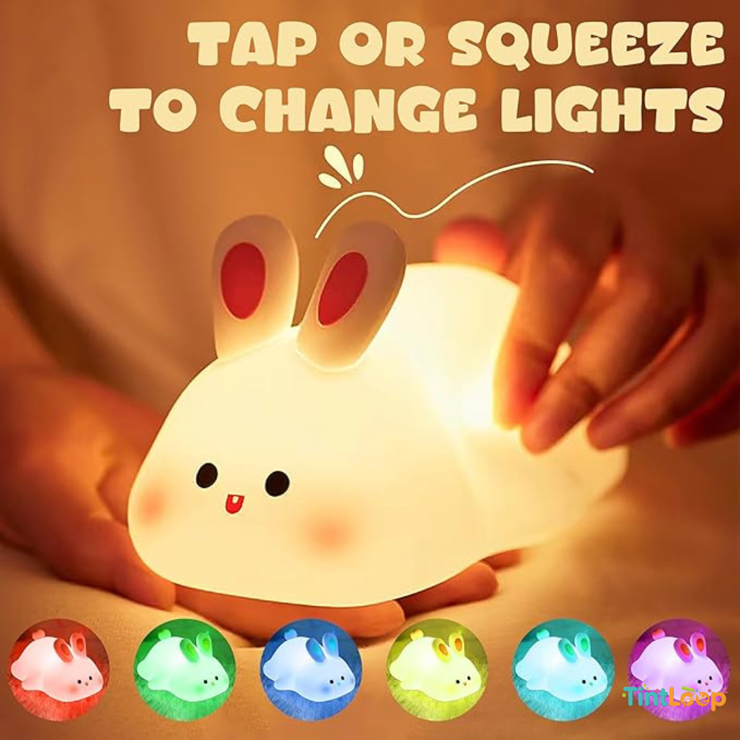Big Face Bunny LED Night Light | Soft Silicone & Tap Control