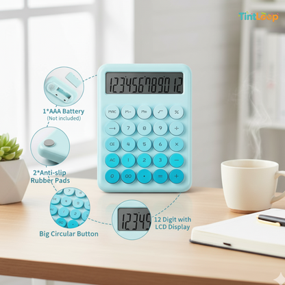 Aesthetic Cute Pastel Blue Desk Calculator with Retro Round Keys