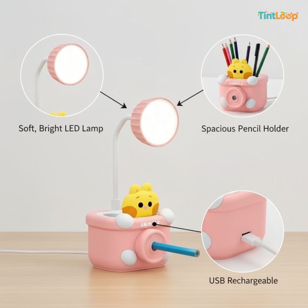 Camera LED Desk Lamp with Bobblehead, Sharpener & Pen Holder