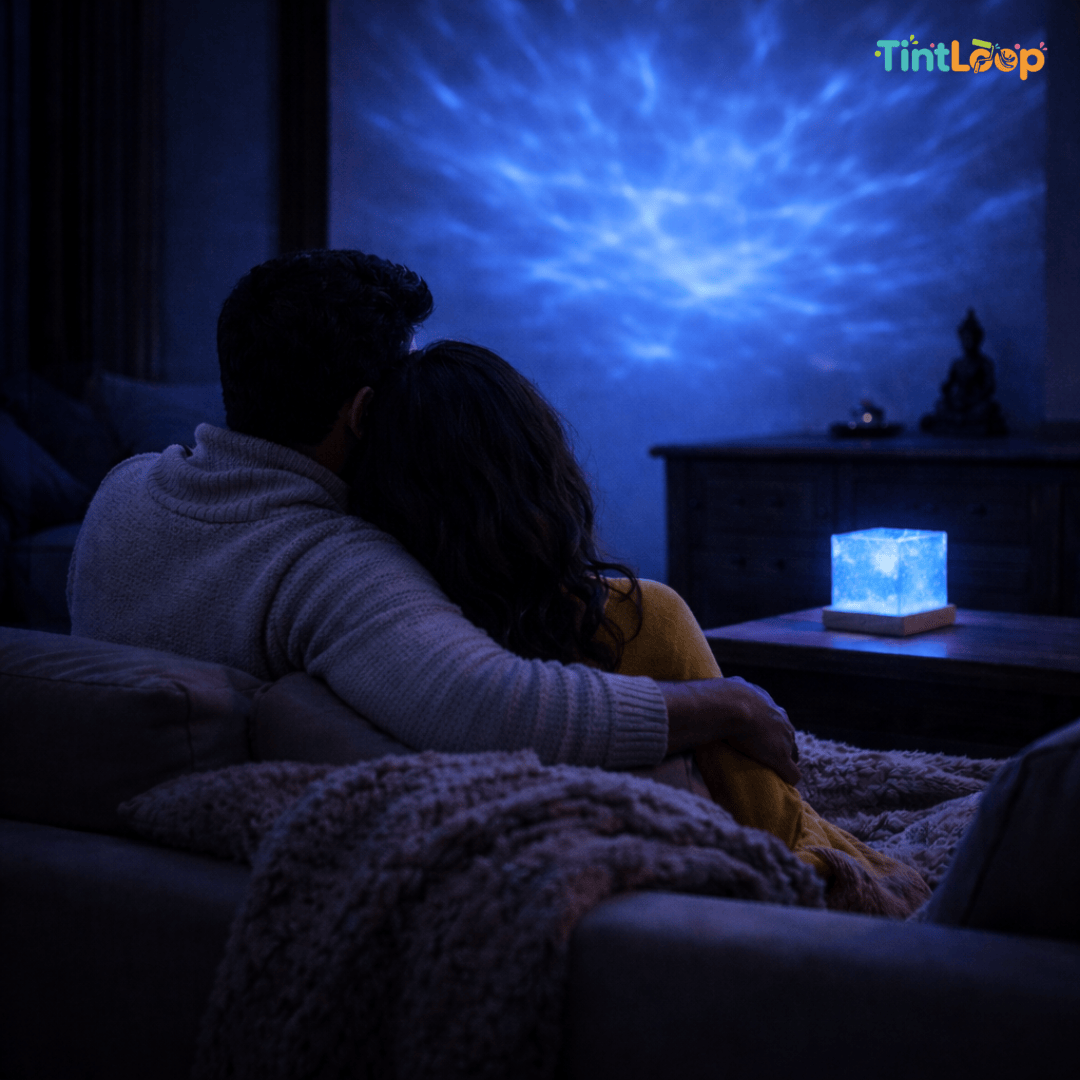 Couple embracing on a couch under a starry sky projection, with a glowing blue cube on a table.