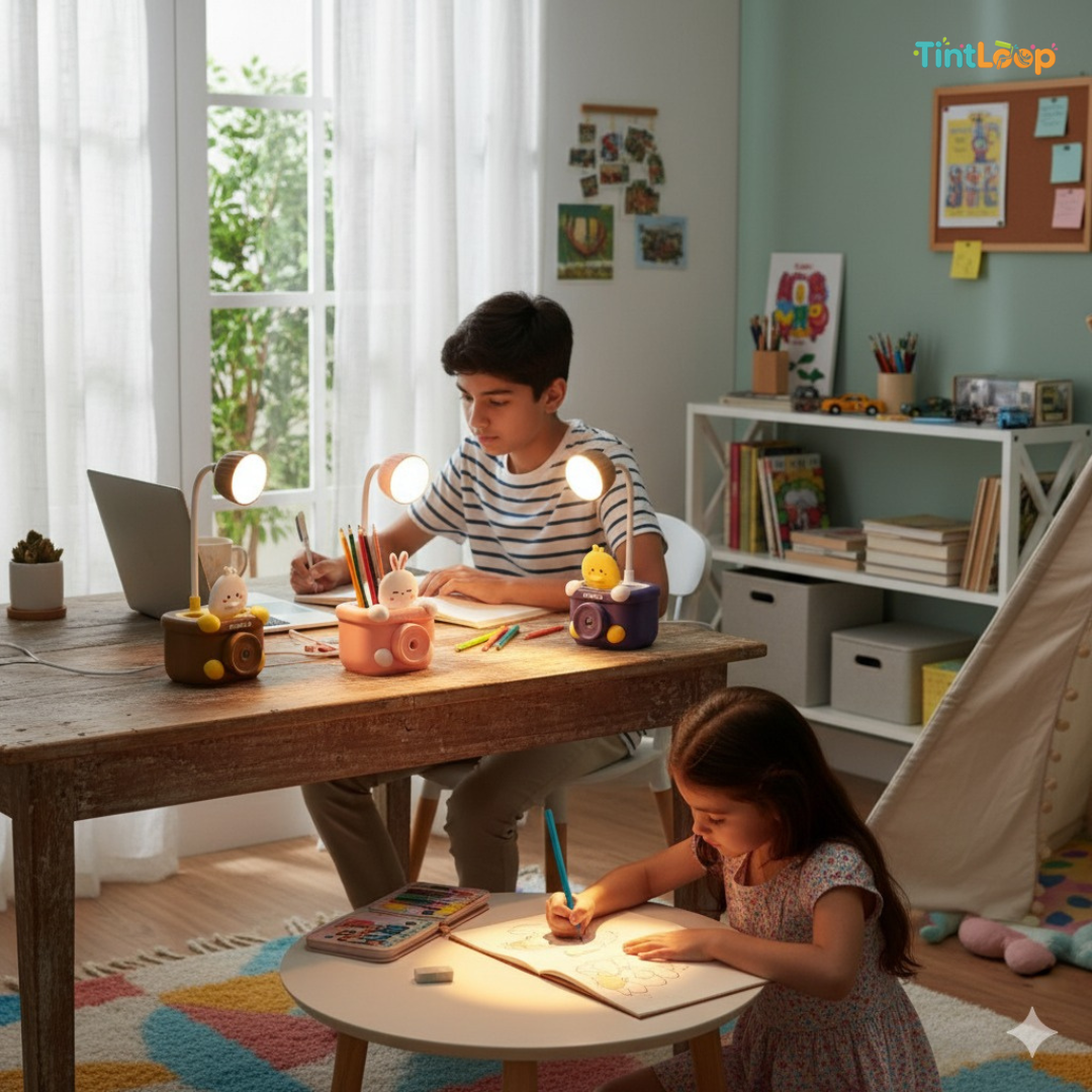 Camera LED Desk Lamp with Bobblehead, Sharpener & Pen Holder