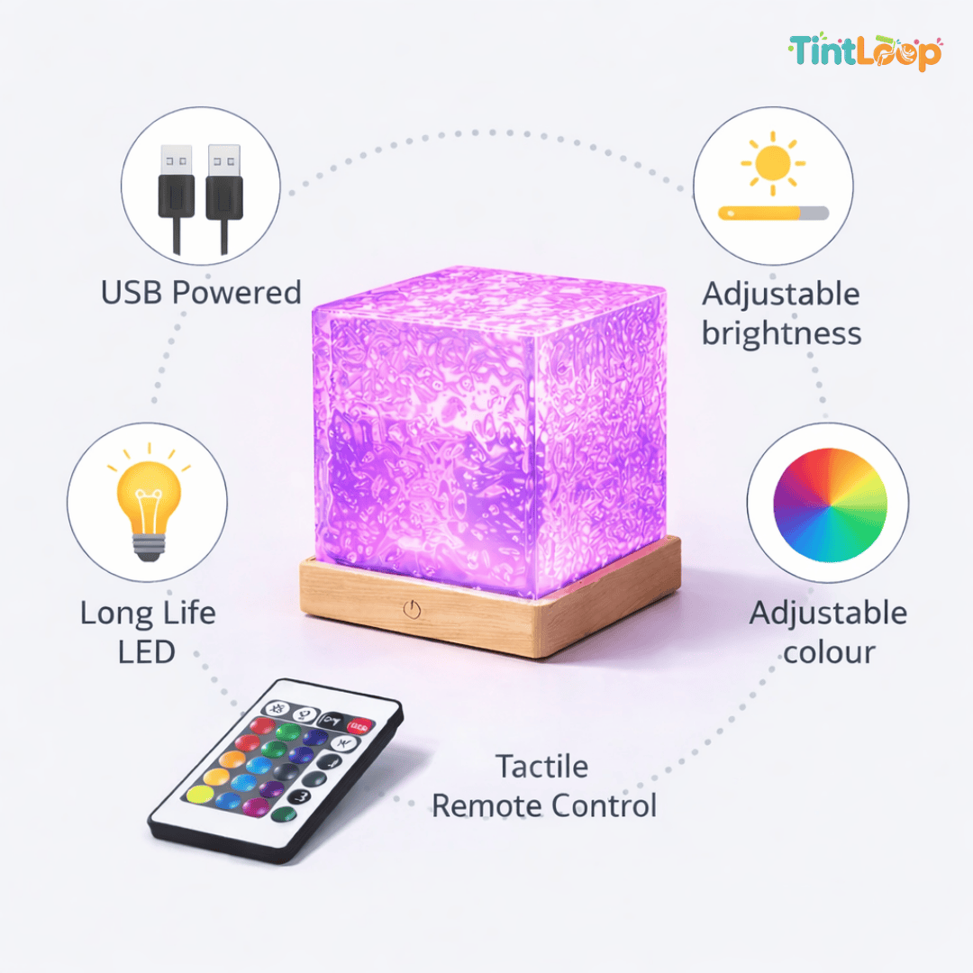 Colorful cube-shaped lamp with USB cable, remote control, and features listed on a white background.