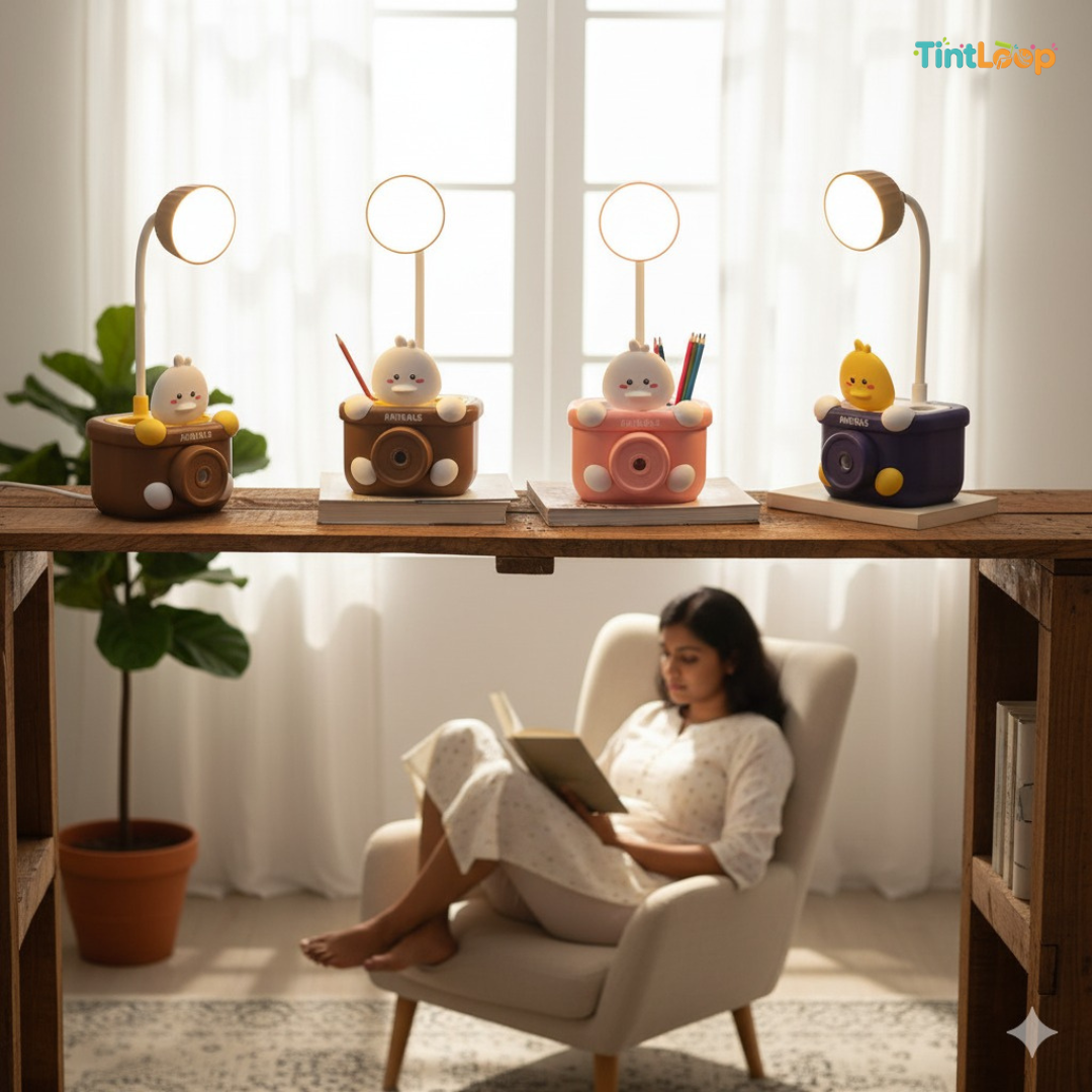 Camera LED Desk Lamp with Bobblehead, Sharpener & Pen Holder
