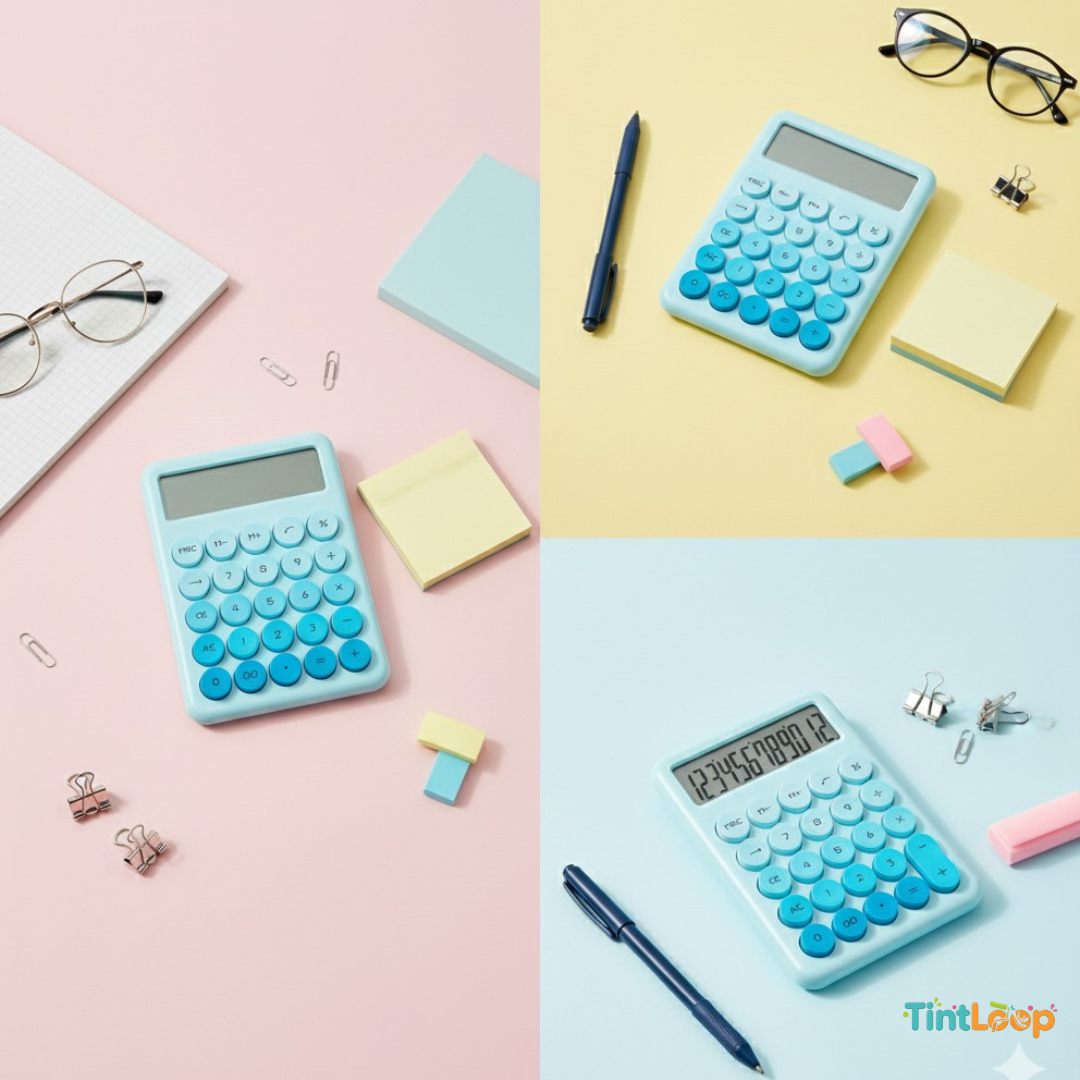 Aesthetic Cute Pastel Blue Desk Calculator with Retro Round Keys