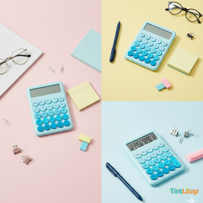 Aesthetic Cute Pastel Blue Desk Calculator with Retro Round Keys