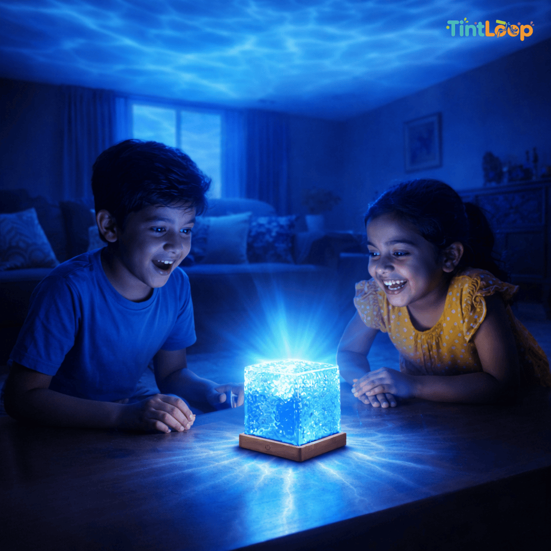 Two children playing with a glowing blue cube in a dark room, with TintLoop branding.